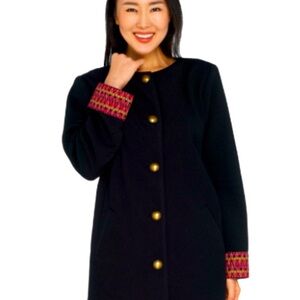 Susan Graver Women's Sz 16 Black Rib Knit Jacquard Cuff Button Front Jacket